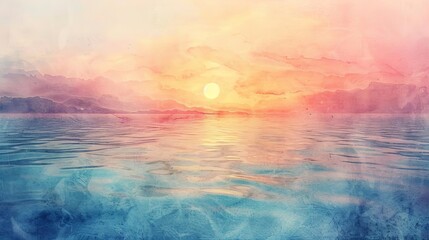 Obraz premium Tranquil Morning Sunrise Over Calm Ocean Waters, Pastel Colors, Watercolor Illustration
