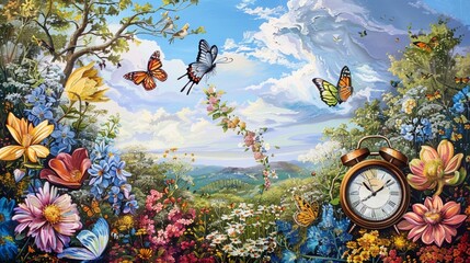 A symbolic representation of Spring Forward Time - Daylight Savings, with a clock embedded in a vibrant spring landscape