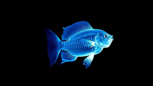 a glowing blue fish swims on a dark background