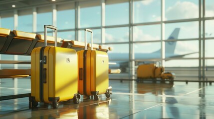 Air Travel Adventure: Yellow Suitcases in Airport. Inside Aerodrome, Plane Background