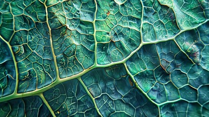 Tropical leaf texture with intricate veins and cells, macrophotography - obrazy, fototapety, plakaty
