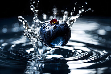 Freeze-frame a moment of a single blueberry plunging into a pool of water, capturing the ripples and droplets in exquisite detail.
