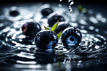 Freeze-frame a moment of a single blueberry plunging into a pool of water, capturing the ripples and droplets in exquisite detail.
 - obrazy, fototapety, plakaty