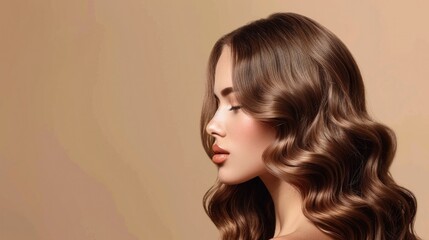 Model Beauty. Profile of Beautiful Woman with Shiny Wavy Hair, Curly Coiffure, and Flawless Skin
