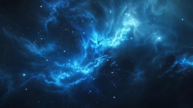 Vast blue nebula with twinkling stars in deep space, science fiction background, digital art