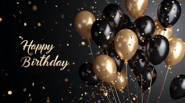 Birthday card background with the words "Happy Birthday" in gold and black colors with balloons and confetti.