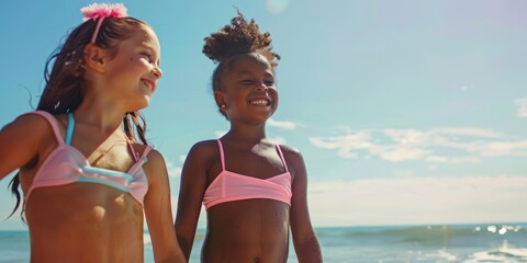 Little girls in swimming costumes holidaying at the sea