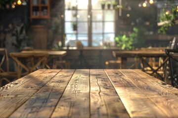 Wooden board empty table in front of blurred background. Brown wood over blur in restaurant - can be used for display or montage your products. Mock up for display of product. High quality photo
