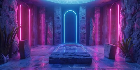 fantasy room with stone and lights