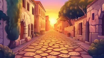 Fototapeta premium illustration cartoon, view of an old European street at dusk