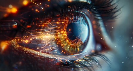 eye with circuitry inside glowing data flowing