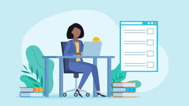 Flat animation showing a female employee taking an online test. The character dressed professionally sits at a desk and works on a laptop. A checklist booklet she is filling out appears next to her.