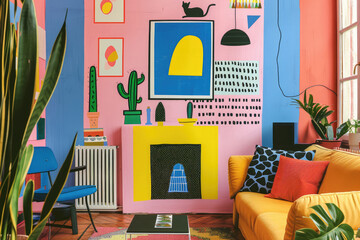 A modern living room interior with dopamine decor.