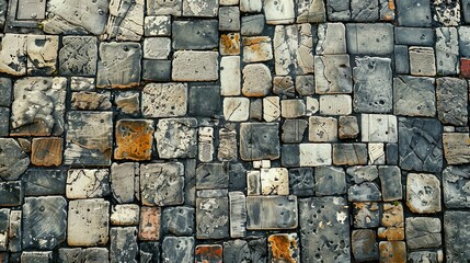 Top view Cobbled street of the old city, lined with square and rectangular stone tiles