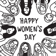 International Womens Day Outline Drawing Illustration. Multiracial Group of Women