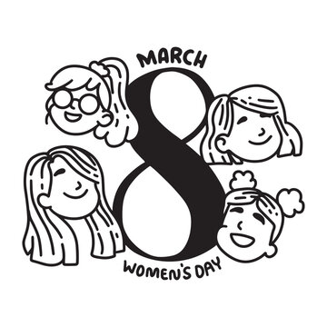International Womens Day Outline Drawing Illustration. Multiracial Group of Women