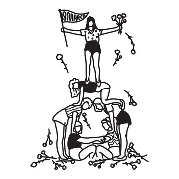 International Womens Day Outline Drawing Illustration. Multiracial Group of Women