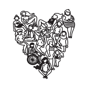International Womens Day Outline Drawing Illustration. Multiracial Group of Women