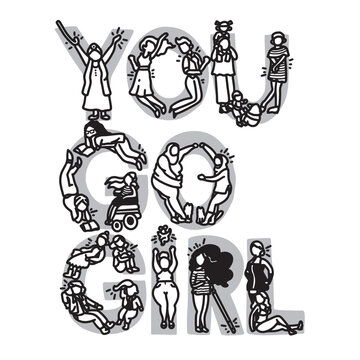 International Womens Day Outline Drawing Illustration. Multiracial Group of Women