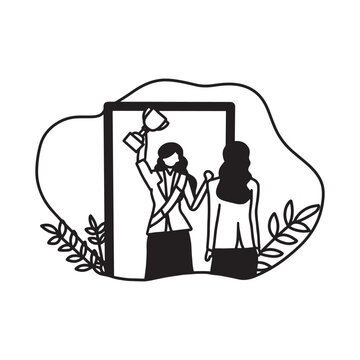 International Womens Day Outline Drawing Illustration. Multiracial Group of Women
