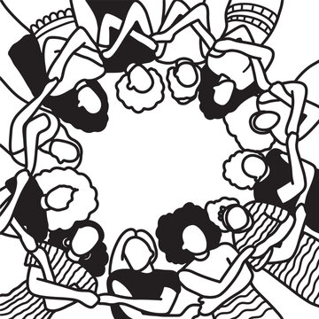 International Womens Day Outline Drawing Illustration. Multiracial Group of Women