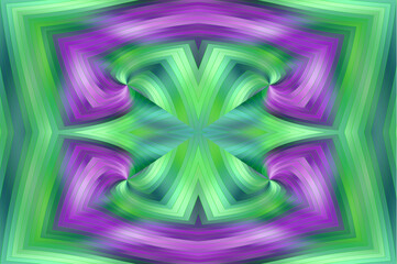 Symetryczny geometryczny wzór wąskich pasów w gradientowej zielono - fioletowej kolorystyce, lustrzane odbicie. Abstrakcyjne tło, tekstura  - obrazy, fototapety, plakaty