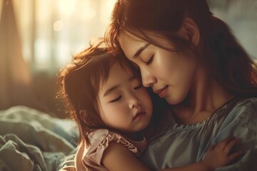 very loving young Asian mother with her little daughter in her arms