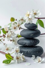 group of black stones stacked with flowers in the spa