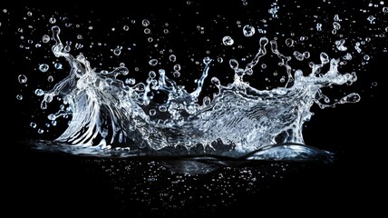 A dynamic splash of water frozen in time against a stark black backdrop, capturing the movement and energy of the moment - obrazy, fototapety, plakaty