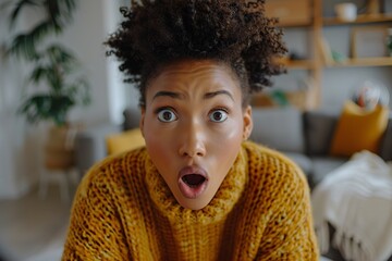 African American woman with surprised expression looking at camera at home - obrazy, fototapety, plakaty