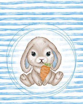 panel watercolor easter bunny with carrot hand painting