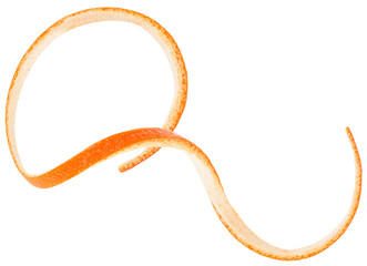 Top view of orange skin slice isolated on a white background. Fresh orange twist.
