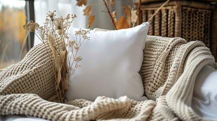 A white pillow mockup rests on a knitted blanket on a wooden couch in a cozy room