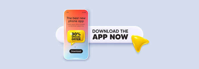 30 percent discount offer tag. Download the app now. Phone mockup screen. Sale price promo sign. Special offer symbol. Phone download app search bar. Discount text message. Vector