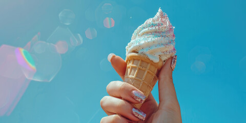 Hand holding an ice cream cone against the background of the sea