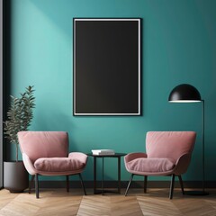 3d frame mockup with home decor. simple vertical frame on the wall. Wodern table with turquoise background, Dark brown furniture, Dark pink carpet. 