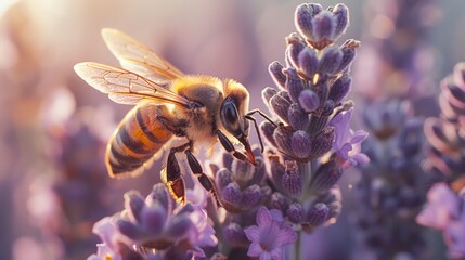 Honeybee on lavender flowers with golden light. Bee pollinating purple blooms. Concept of pollination, nature's beauty, springtime - obrazy, fototapety, plakaty