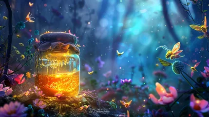 Papier Peint photo Forêt des fées Enchanted jar of honey in a mystical forest. Magical honey pot surrounded by glowing bees. Concept of fantasy, enchantment, fairy tales, and magical realism. Digital art