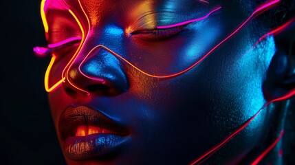 Africian woman face with neon lines