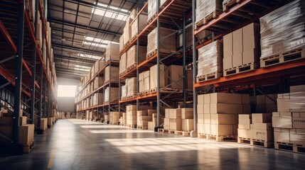 Sunlit warehouse aisle with stacked goods and high shelves. Concept of distribution, storage efficiency, and supply chain.