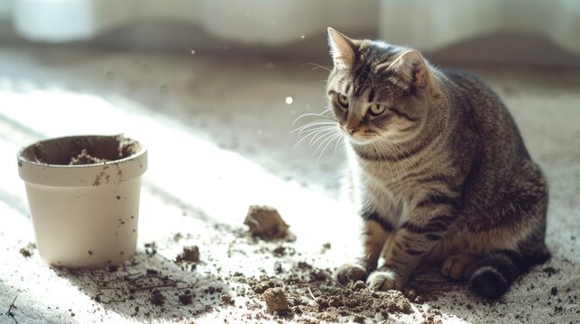 Inquisitive cat sitting next to overturned plant pot on white carpet, surrounded by scattered soil. Concept of mischievous pet, domestic animals, home mess, indoor activities