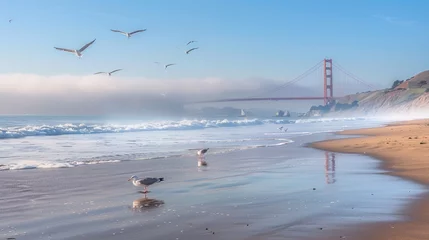 Zelfklevend Fotobehang Baker Beach, San Francisco Baker Beach in San Francisco, with its golden sands stretching along the shoreline, the iconic Golden Gate Bridge looming in the background