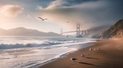 Baker Beach in San Francisco, with its golden sands stretching along the shoreline, the iconic Golden Gate Bridge looming in the background