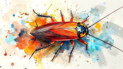 Insect in watercolor art style. A cockroach amidst vivid watercolor stains. Concept of biological illustration, artistic representation, and colorful painting.