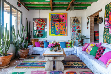 A modern living room interior with dopamine decor.