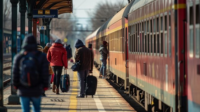 VELENCE, HUNGARY - APRIL 25, 2021: View on the passengers waiting to the Hungarian State Railways train arriving to the station of Agard, Hungary.