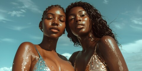 Girls in swimming costume against the sky. The glitter and shine of the sunset