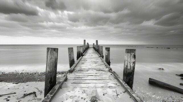 Landscape White. Wooden Pier Leading to Peaceful Beach and Pier in Natural Setting
