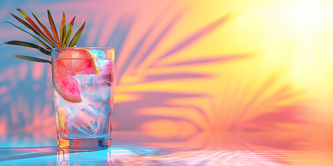 Summer refreshing alcoholic cocktail on neon tropical background with palm leaves. Glass of cold tasty aperitif drink with ice cubes. Disco cocktail party. Vacation at beach resort