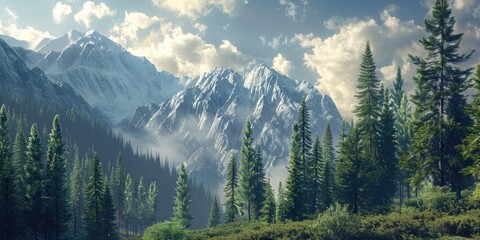 Trees And Mountain. Beautiful Pine Trees Landscape with Mountainous Skyline - obrazy, fototapety, plakaty